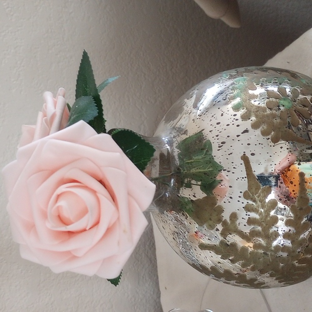 Silver Mercury Glass Etched patterns Round vase .